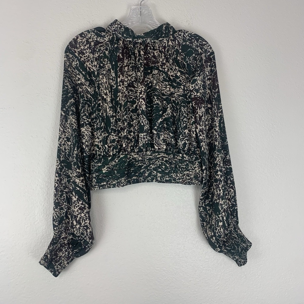 Zara Top Size Medium Mock Neck Blouse Tie Back Balloon Sleeve Satin Green